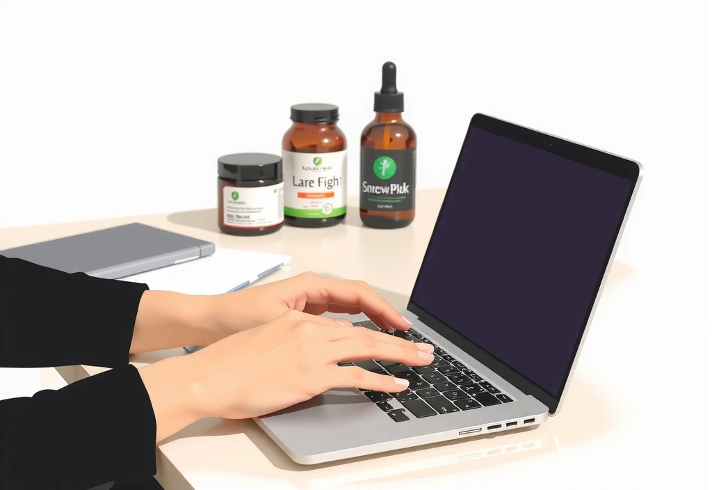 A person typing on a laptop with health supplements and glowing skin products in the background, symbolizing communication and wellness.
