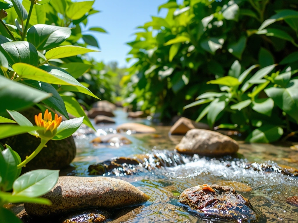 Harmonious natural scene with various botanicals and clear water, representing purity and wellness